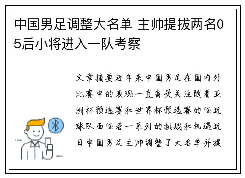 中国男足调整大名单 主帅提拔两名05后小将进入一队考察