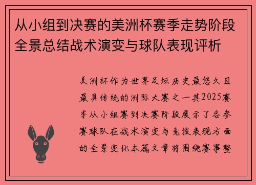 从小组到决赛的美洲杯赛季走势阶段全景总结战术演变与球队表现评析